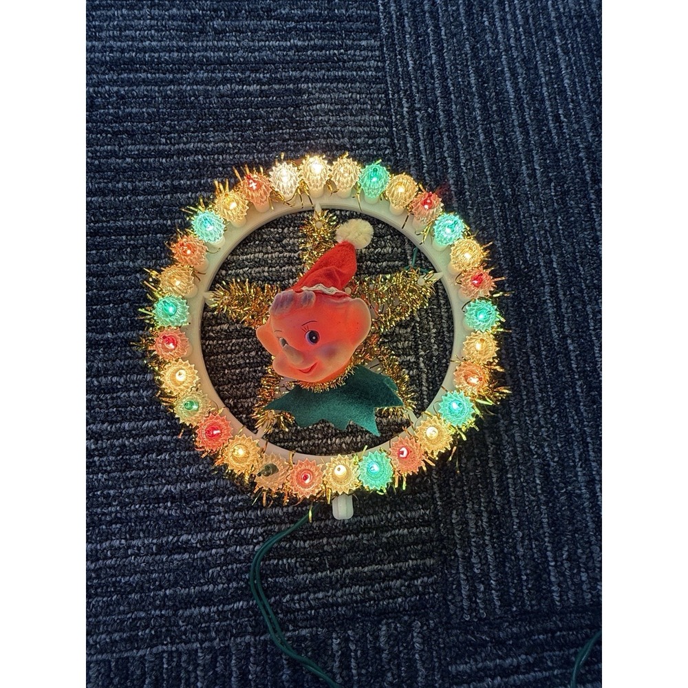 Vintage 1960s Lighted Pixie Elf Christmas Wreath Mid Century Holiday MCM Works